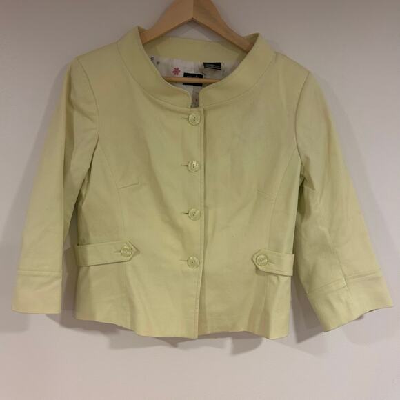 NICOLE MILLER Sz 10 Lime Green Floral Lining Mandarin Collar Cropped Button Up - Picture 1 of 7